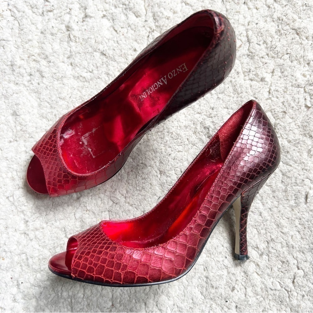 Enzo Angiolini Metallic Ombré Red Leather Snakeskin Maylie Peep Toe Pumps Sz 6M